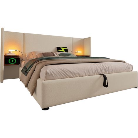 Lit coffre 180x200 avec tête de lit étagère, lampe de lecture tactile USB et USB-C, rangement hydraulique, beige tissu, sans matelas - CHICFURN (1/5)
