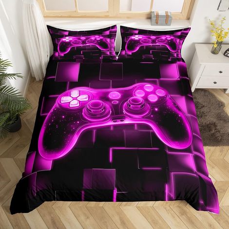 Housse de Couette Enfant Gamer Violet, Parure de Lit 220x240 Gaming Deco Chambre Ado Garcon, Sets de Housses de Couettes Manette de Jeux, Couvre Lit Carrée Géométrique Lumineuse Au Néon - 220x240cm + (1/5)