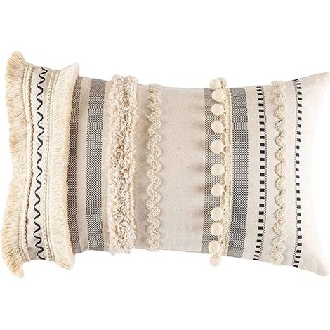 Taie d'oreiller beige à pompons 30x50cm (1/5)