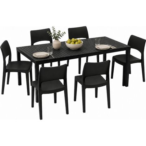 Set de Salón Exterior Maseta, Sala Exterior 6 Asientos, Mesa Extensible Hecho en Italia, Acabado Efecto Listones, Negro Antracita (1/5)
