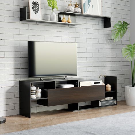 Mobile porta TV con panca e mensola a muro, stile contemporaneo, larghezza 153,6 cm - nero