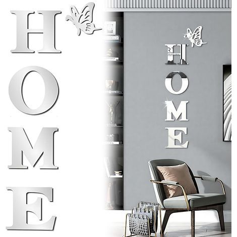 CCYKXA Acrylic Mirror Wall Sticker, Self-Adhesive Removable Eco-Friendly Wall Decals, Acrylic Mirror Butterfly Wall Sticker with the English letter HOME for Living Room, Door, Porch - Silver