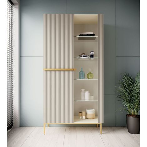 Bobochic – Vitrine haute KASHA 200 cm – 2 portes vitrées – 10 étagères – Pieds et poignées or – Style moderne – Panneaux mélaminés (1/5)