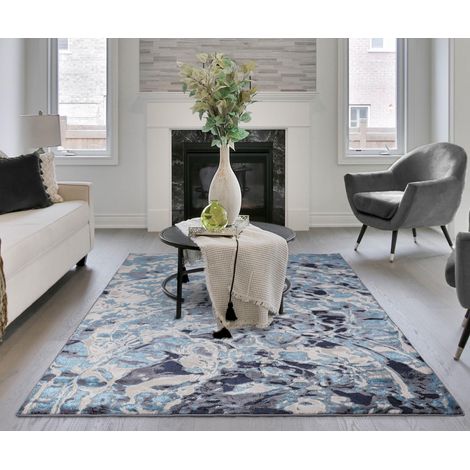 Marbled Rug for Living Room Bedroom Lounge Aurora AU21 Foam Quality Modern Abstract Soft Silky Shiny Blue Grey Rug in Large 160x230 cm (5'3"x7'7") (1/4)