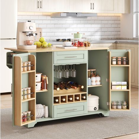 Meuble de cuisine sur roulettes avec plateau rabattable, 138 x 70 x 92 cm, vert OKMYHOME (1/5)