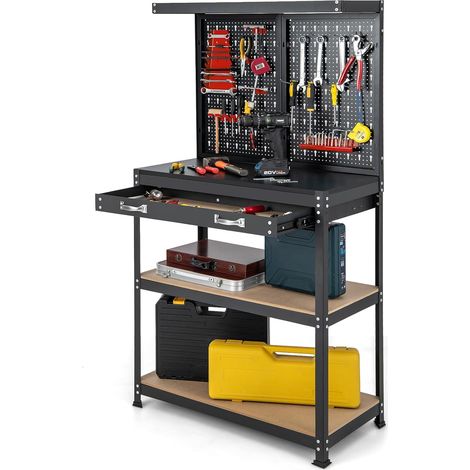 GOPLUS Établi avec Planche-Table à Outils pour Atelier avec Tiroir Coulissant-Étagère Ouverte à 2 Niveaux-14 Accessoires Suspendus (1/5)