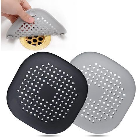Attrape-cheveux, couvercle de vidange de cheveux carré pour douche Bouchon de cheveux en silicone avec ventouse, costume facile à installer pour salle de bain, baignoire, cuisine Lot de 2 (gris blanc) (1/5)