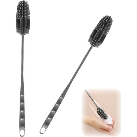 Lot de 2 goupilles en silicone, avec long manche, brosse de nettoyage réutilisable en silicone, gris, pour nettoyer les bouteilles, les tasses en verre (28 x 3 cm) (1/5)