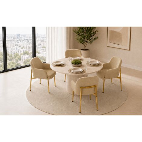 Juego de 4 sillas de comedor modernas tapizadas con reposabrazos, poliéster y patas de hierro, beige (1/5)