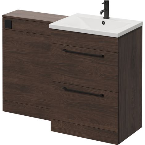 Napoli 460 Cento Brown Oak 1200mm 2 Drawer Vanity Unit Toilet Suite with Glide Basin - 1200mm - Matt Black 320mm HandleWithout Kingston Toilet Pan