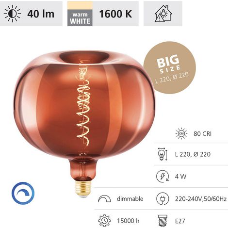 EGLO LED E27 dimmerabile a forma di mela, lampadina a spirale di grandi dimensioni, vintage dimmerata color rame dal design retrò, 4 Watt, 40 Lumen, bianco caldo, 1600k, Ø 22 cm (1/5)