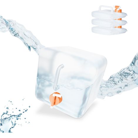Relaxdays Tanica da Campeggio Pieghevole, Set da 4, con Rubinetto, Plastica senza BPA, 5 litri, Trasparente Arancione