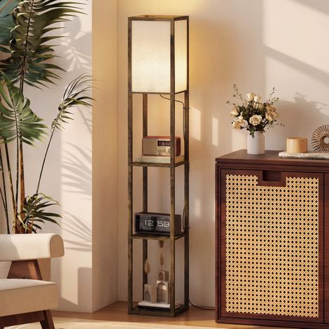 Lampadaire avec 3 étagères de rangement pour ampoule E27 max. 40 W, idéal pour le salon (26 x 26 x 160 cm), couleur marron rustique. (1/5)
