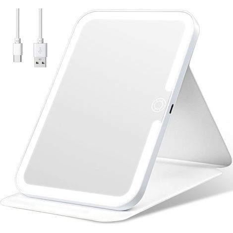 Miroir de maquillage LED pliable, miroir de voyage portable, 26 lumières douces, rechargeable par USB, design fin et élégant pour table ou sac. (1/5)