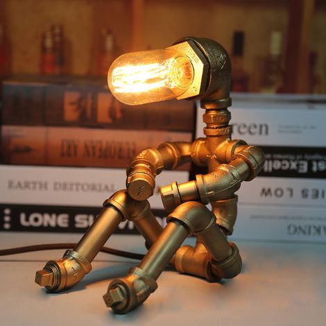 Lámpara de escritorio steampunk, lámpara de escritorio retro industrial de metal con forma de robot, ideal para decorar un bar, cafetería o mesita de noche (bombilla incluida). (1/5)
