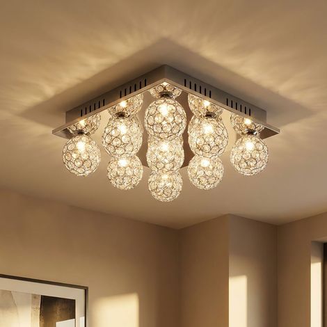 Deckenleuchte Deckenlampe quadratisch Chrom 9-flammig Acrylkristalle Kugeln Leuchte Lampe