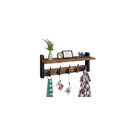 JSSEVN-Étagère murale avec crochets, porte-manteau mural avec patères, porte-manteau suspendu pour entrée, étagère en bois et fer pour salle de bain, couloir, chambre, Couleur rétro (1/5)
