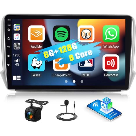 Autoradio 2 Din pour 208 2008 2012-2018 avec sans Fil Carplay Android Auto, 10.1 Pouces Autoradio avec GPS Navi WiFi BT FM/RDS DSP SWC + Caméra de recul + MIC (1/5)