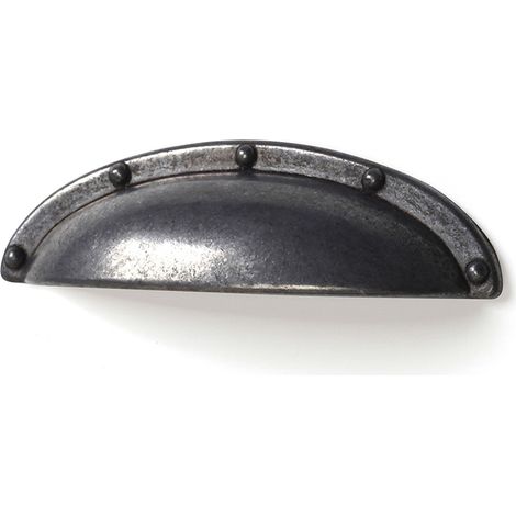 Blister mit 4 altsilbernen Zamak-Möbelgriffen in Muschelform, Mod. 2004, Interpoints 64 mm REI