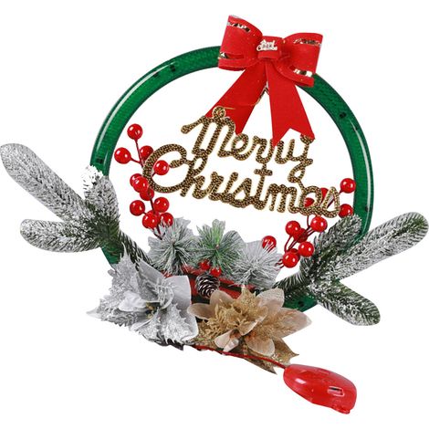 Christmas Wreath Light Decoration Artificial Red Berry Pine Needle LED Lighted Christmas Wreath Decor Gold Silver Flower (1/5)