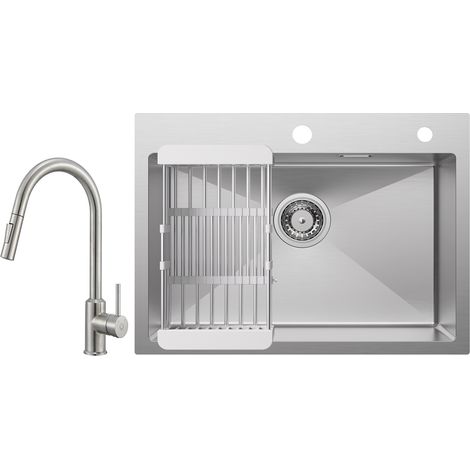 Cecipa Lavello da cucina 1 vasca 60×45×18 cm Lavello da cucina in acciaio inox 304 spazzolato con cestello di scarico + Miscelatore da Cucina con Doccetta Estraibile - 2 Modalità di Uscita dell'Acqua (1/5)