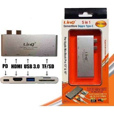 Trade Shop - HUB 5 IN 1 DUAL TYPE-C KONVERTER KARTENLESERADAPTER MACBOOK TPC-9825 -