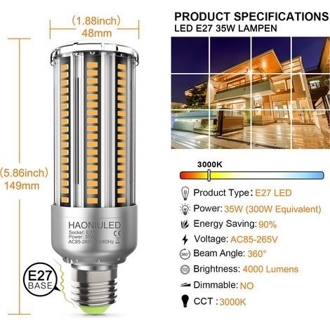 E27 35W LED-Lampe, warmweiß 3000K, hohe Helligkeit 4000 lm, entspricht einer 300W E27 Halogenlampe, 2er-Pack (1/4)