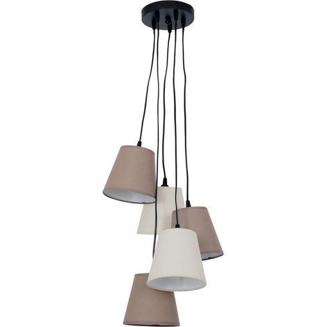 Suspension Bohème 5 Abat-jours en Textile Coton Beige et Marron, Luminaire Salon, E14, 95 cm - PANGIVO (1/5)