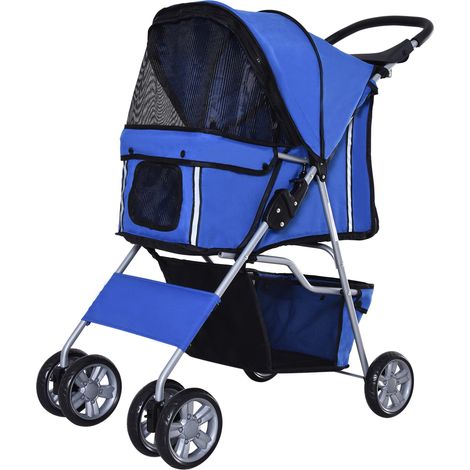Poussette pliable chien bleue porte-gobelet pare-soleil