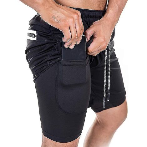 Short de sport 2 en 1 pour homme, idéal pour la course, la salle de sport et l'entraînement. Séchage rapide. Taille XL. Noir. (1/4)