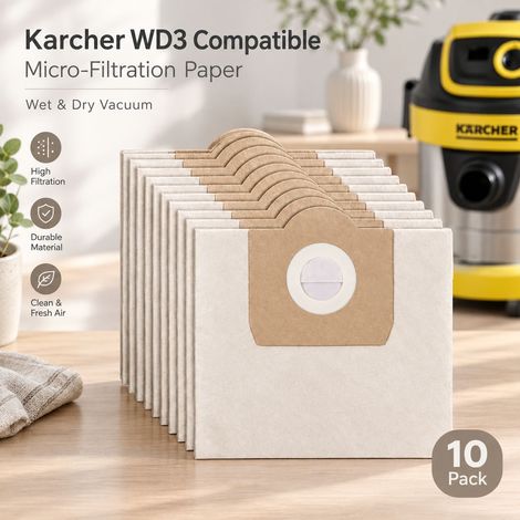 10 Pièces -6.959-130.0 Dustbag en Papier, Sac pour aspirateur karcher , Wet & Dry Aspirateur de Remplacement, sac aspirateur karcher WD3 WD3 Premium SE4001 MV3 WD3200 WD3500P A2204 A2534 (1/5)