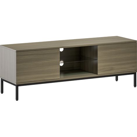 Meuble TV banc TV 2 portes étagère verre 140x40x49cm piètement acier noir effet bois gris (1/5)