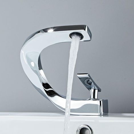 Mitigeur de Lavabo Chromé, Robinet Salle de Bain Moderne, Robinetterie au Design Elégant, Laiton (1/5)