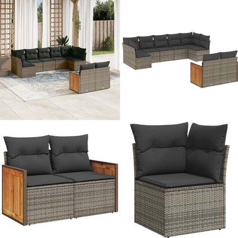 9-tlg. Garten-Sofagarnitur mit Kissen Grau Poly Rattan - Gartenmöbel - Rattan Möbel - Lounge Set - Gartenlounge - Esstischgarnitur - Home & Living (1/5)