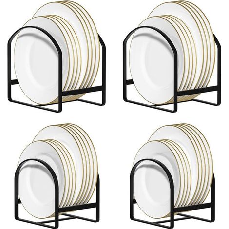 Lot de 4 grands supports de rangement pour assiettes verticales en métal pour placard et comptoir, antidérapant et antirouille - Noir (1/5)