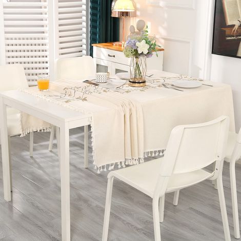 Nappe rectangulaire beige antitache, lavable en coton et lin, ornée de broderies de feuilles brunes et de franges, 140 x 180 cm (1/4)