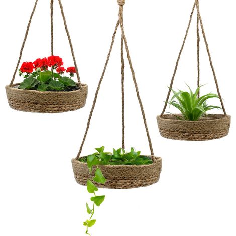 Seegras Blumenampel mit Folie 3er Set - Ø 25 / 23 / 21 cm - Geflochtener Hänge Blumentopf Boho Chic - Hänge Blumentopf Pflanzen Halter Naturmaterial mit Innenfolie