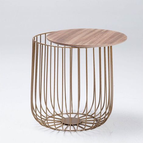 Enzo Small Cage Table - Wood - W39 x H42 cm - Gold Frame/Oak Finish Top (1/3)