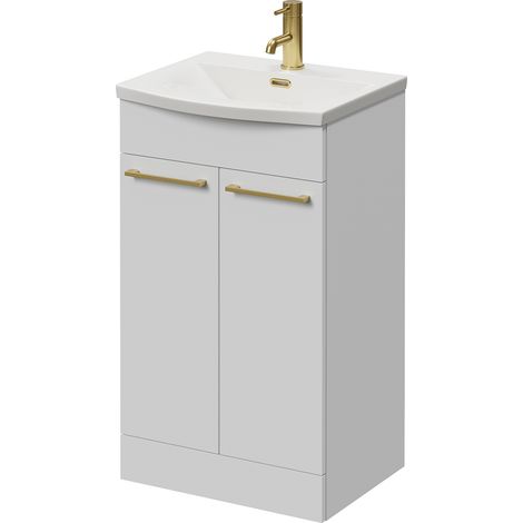 Napoli 390 Gloss White 500mm 2 Door Vanity Unit with Arc Basin - 500mm - Brushed Brass 160mm Handle