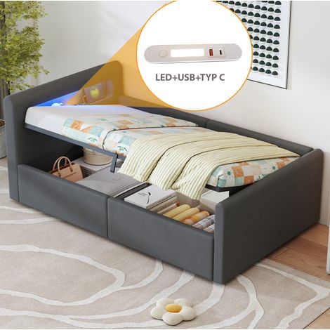 Kinderbett 90/200 cm dunkelgrau aus Samt mit LED, USB und hydraulischem Stauraum (1/5)