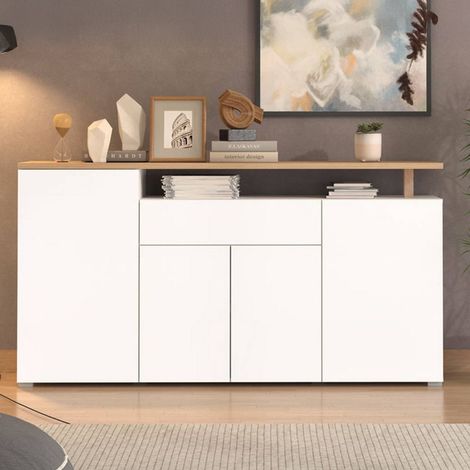 Sideboard Levate, Anrichte mit 1 Schublade, 5 Regalböden, Drehtür- und Schiebetür, 180x40x94h cm Weiß (1/5)