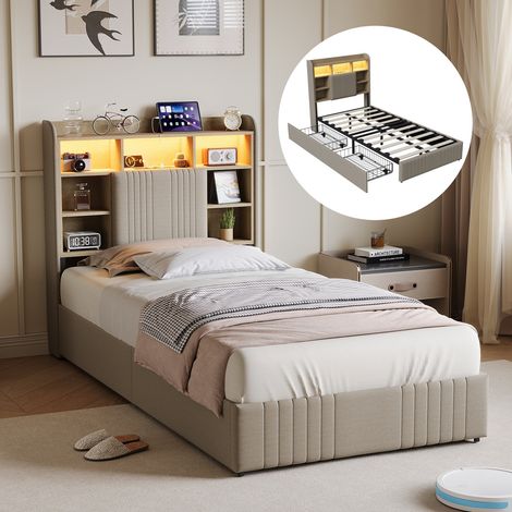 BLANKETSWARM - Lit simple 90x200 avec sommier, Lit 90x200 - 2 tiroirs de rangement – LED réglables – Tête de lit avec compartiments – Lin beige (1/5)