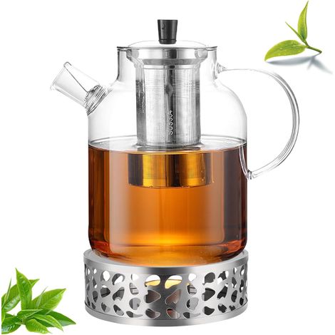 Théière en verre borosilicate de 1,8 l, avec tamis, réchaud et couvercle, passe au lave-vaisselle, pour thé en vrac, sachets de thé, thé aux fruits, garde au chaud pendant longtemps (1800 ml, passe au (1/5)