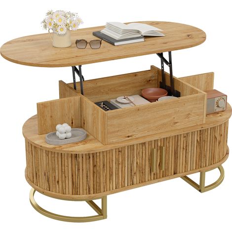 Table basse, table de salon, table à café, MDF, ovale, hauteur réglable, rangement, porte coulissante, piètement en tube d'acier, poignée en alliage de zinc. (1/4)