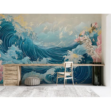 Papier peint nature - grande vague japonaise et pivoines roses - 150 x 250 cm (1/2)