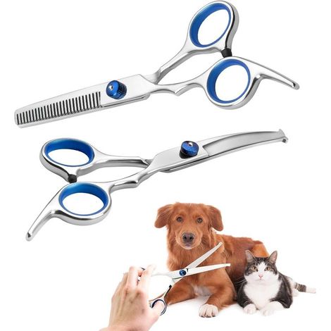 Tijeras para el cuidado del pelaje de los perros, juego de 2 tijeras para el cuidado del pelaje de los perros, tijeras para perros, tijeras curvas y tijeras para adelgazar el pelo facial. (1/5)