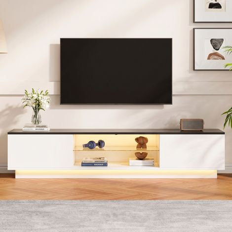 Meuble TV 130 cm avec Éclairage LED RGB et Rangements, Meuble de Salon Moderne en Bois, Blanc et Noir (1/5)