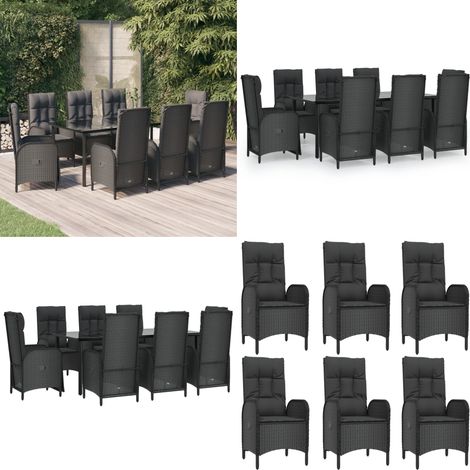 9-tlg. Garten-Essgruppe mit Kissen Schwarz Poly Rattan - Gartentisch - Gartenmöbel (1/5)