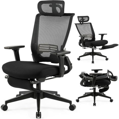 Sedia da ufficio ergonomica pieghevole con poggiapiedi, schienale in rete traspirante, supporto lombare regolabile, sedia da ufficio nera comoda (1/2)