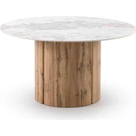 Mesa comedor redonda 140 diam. mdf en roble con sobre ceramico marmol calacatta gold (1/4)
